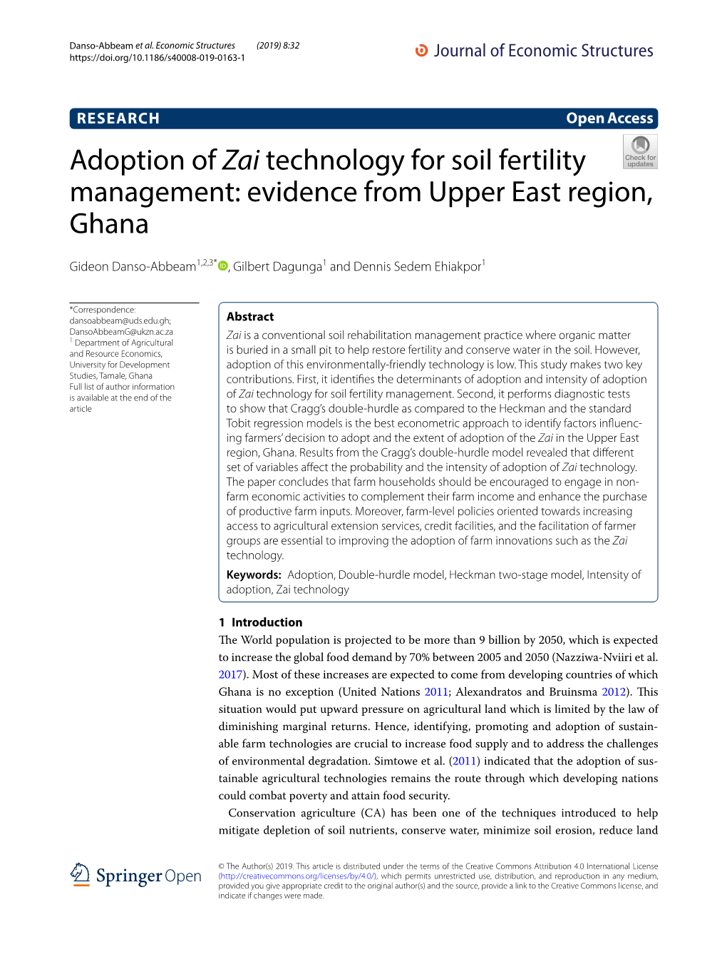 Adoption of Zai Technology for Soil Fertility Management: Evidence from Upper East Region, Ghana
