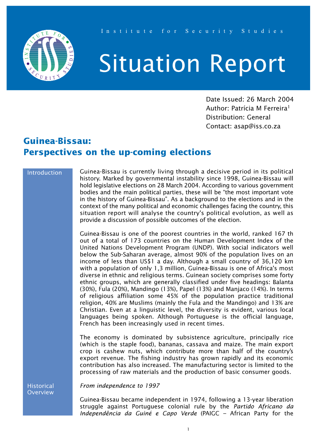 Guinea-Bissau: Perspectives on the Up-Coming Elections