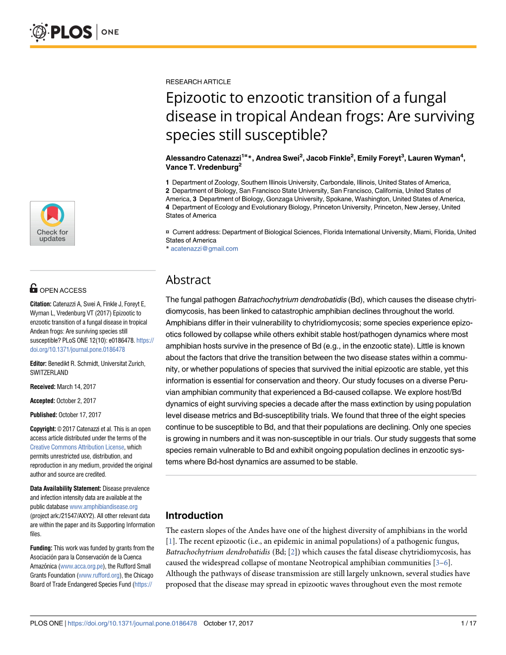 Epizootic to Enzootic Transition of a Fungal Disease in Tropical Andean Frogs: Are Surviving Species Still Susceptible?