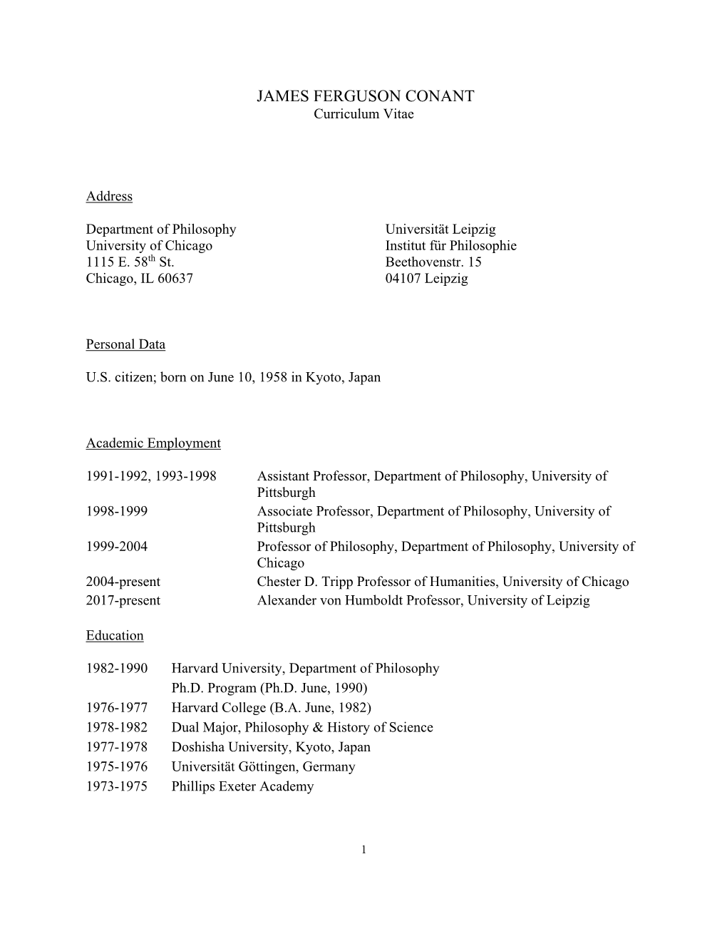 JAMES FERGUSON CONANT Curriculum Vitae