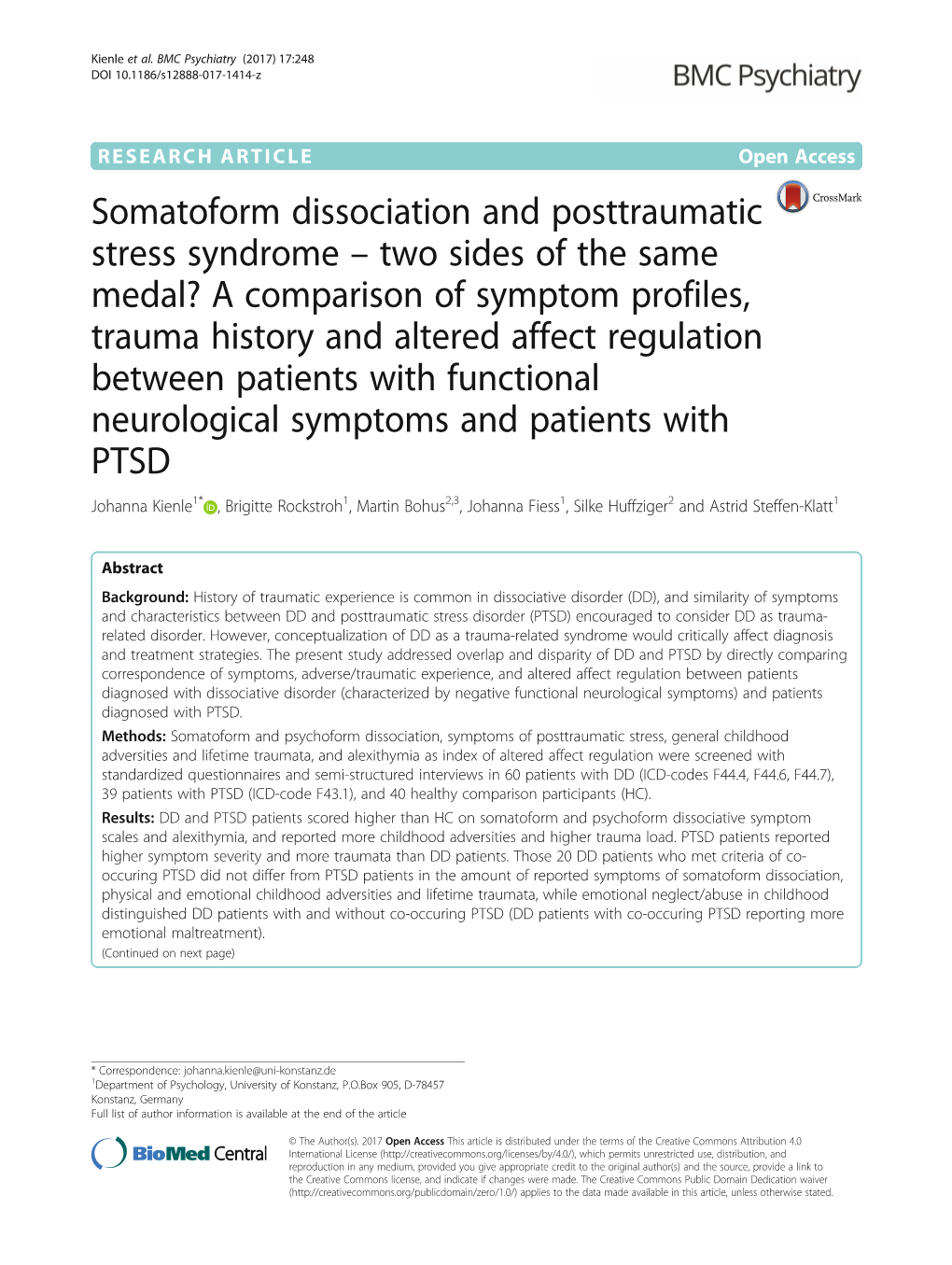 Somatoform Dissociation and Posttraumatic Stress Syndrome