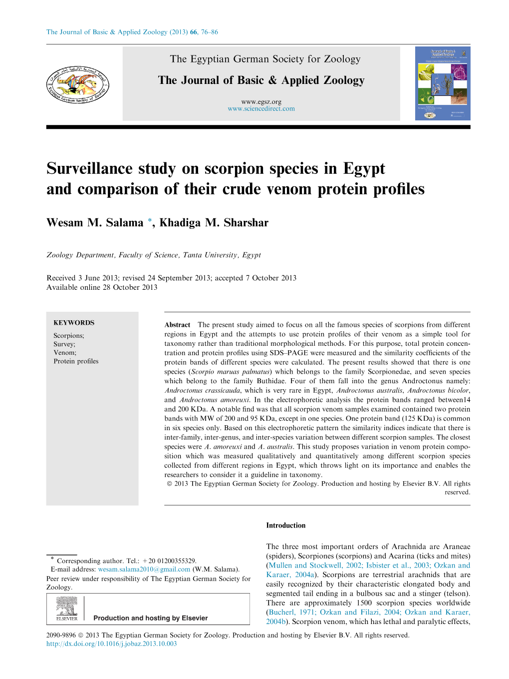 Surveillance Study on Scorpion Species in Egypt and Comparison of Their Crude Venom Protein Proﬁles