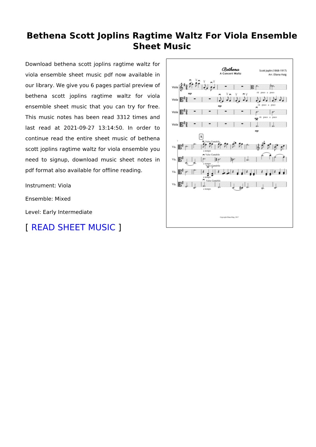 Bethena Scott Joplins Ragtime Waltz for Viola Ensemble Sheet Music
