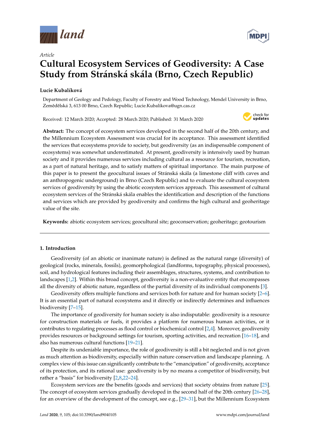 Cultural Ecosystem Services of Geodiversity: a Case Study from Stránská Skála (Brno, Czech Republic)