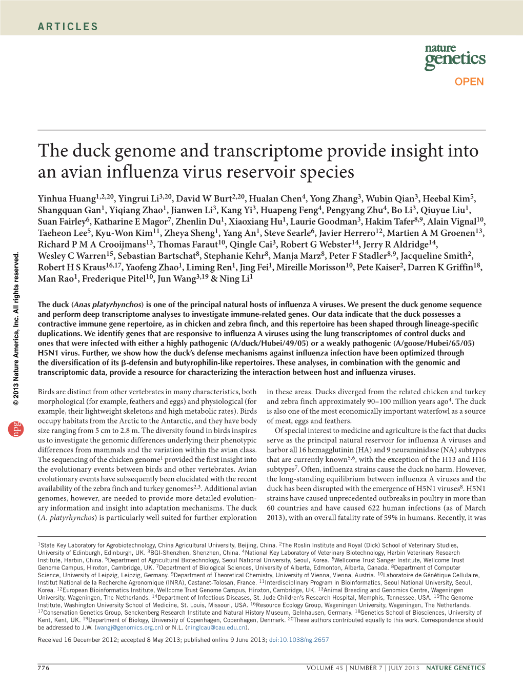 The Duck Genome and Transcriptome Provide Insight Into an Avian Influenza Virus Reservoir Species