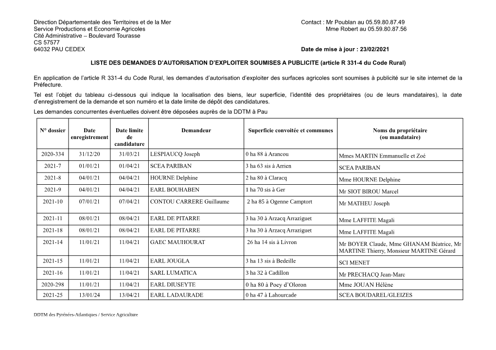 Direction Départementale Des Territoires Et De La Mer Contact : Mr Poublan Au 05.59.80.87.49 Service Productions Et Economie Ag