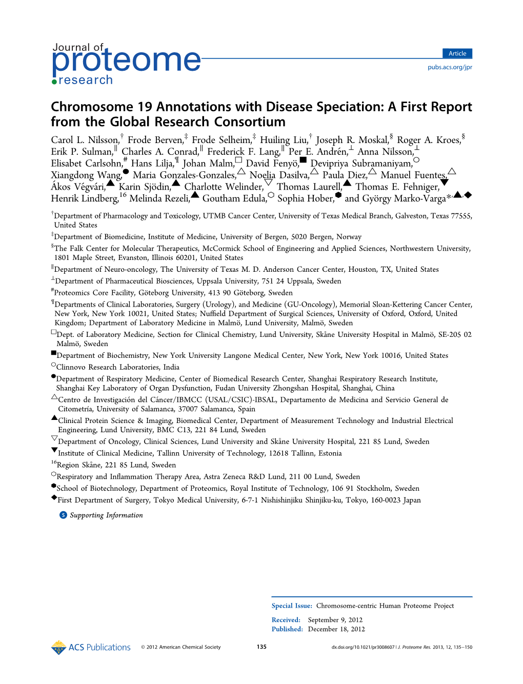 Chromosome 19 Annotations with Disease Speciation: a First Report from the Global Research Consortium † ‡ ‡ † § § Carol L