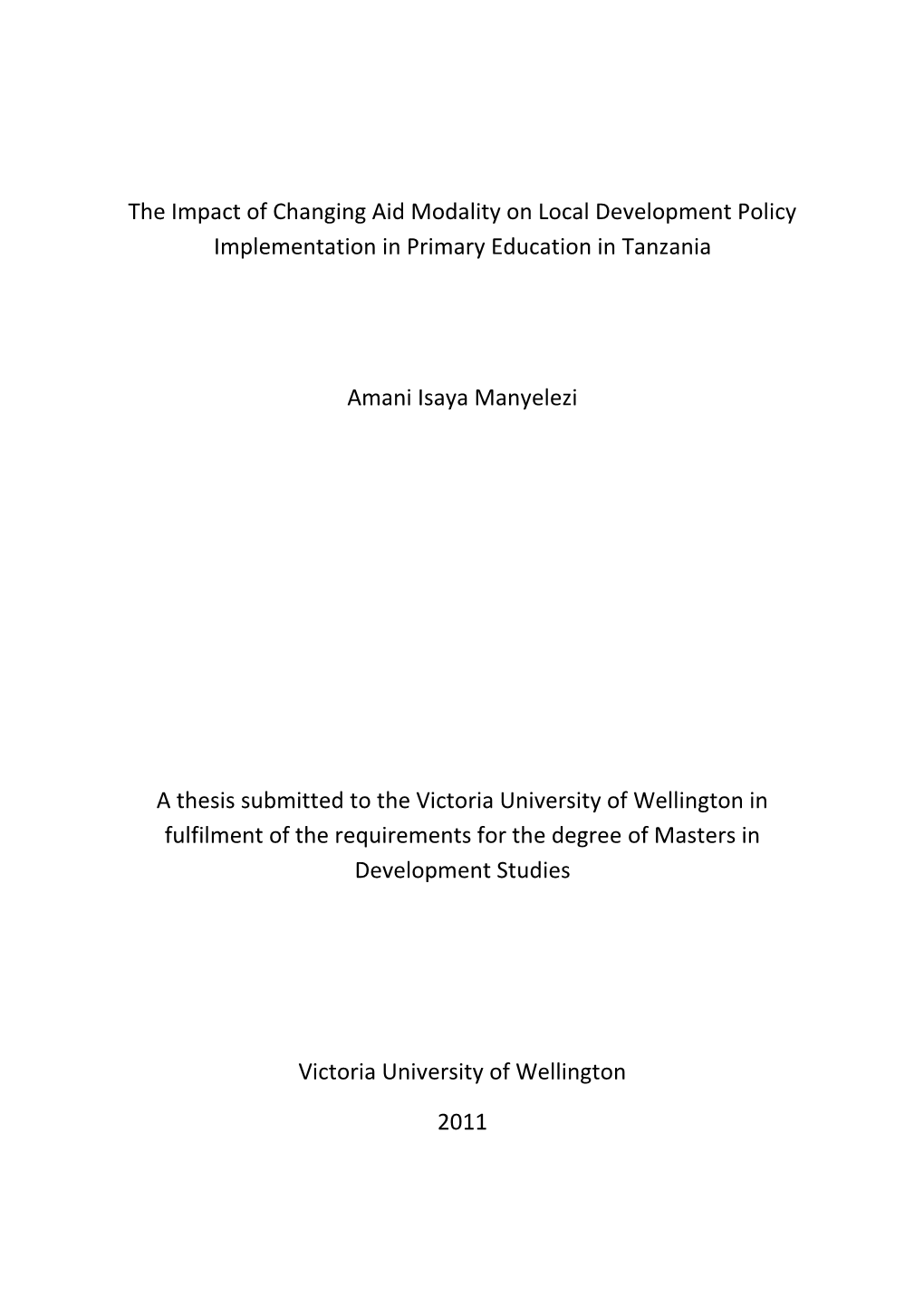 The Impact of Changing Aid Modality on Local Development Policy Implementation in Primary Education in Tanzania