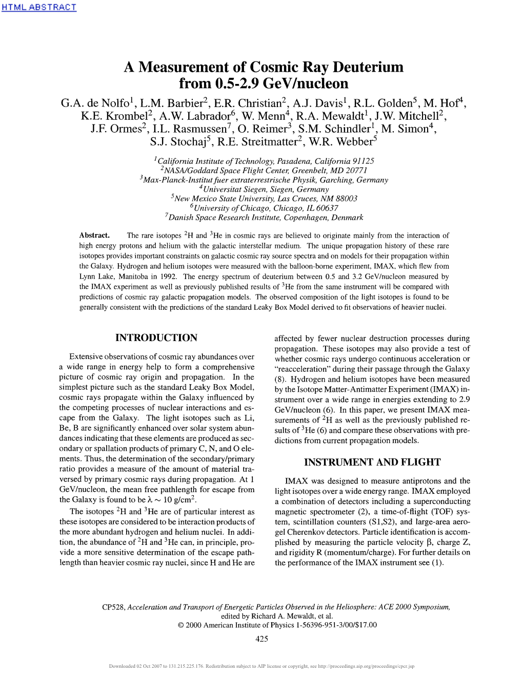 A Measurement of Cosmic Ray Deuterium from 0.5-2.9 Gev/Nucleon G.A Nolfoe D