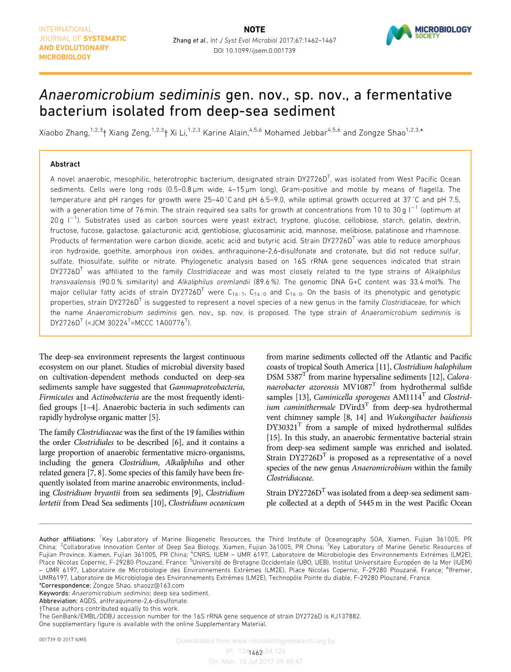 Anaeromicrobium Sediminis Gen. Nov., Sp. Nov., a Fermentative Bacterium Isolated from Deep-Sea Sediment