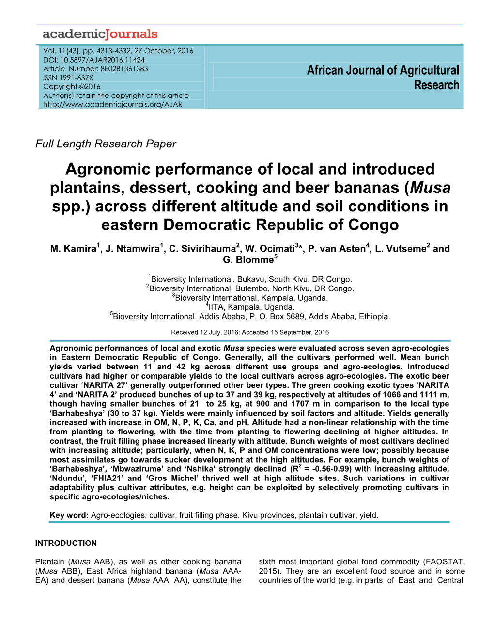 Agronomic Performance of Local and Introduced Plantains, Dessert