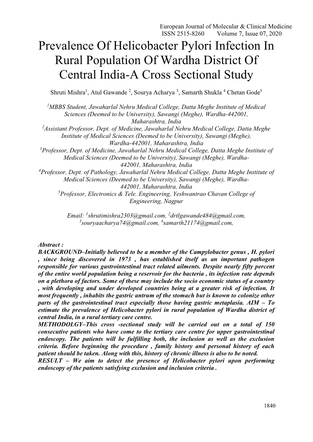Prevalence of Helicobacter Pylori Infection in Rural Population of Wardha District of Central India-A Cross Sectional Study