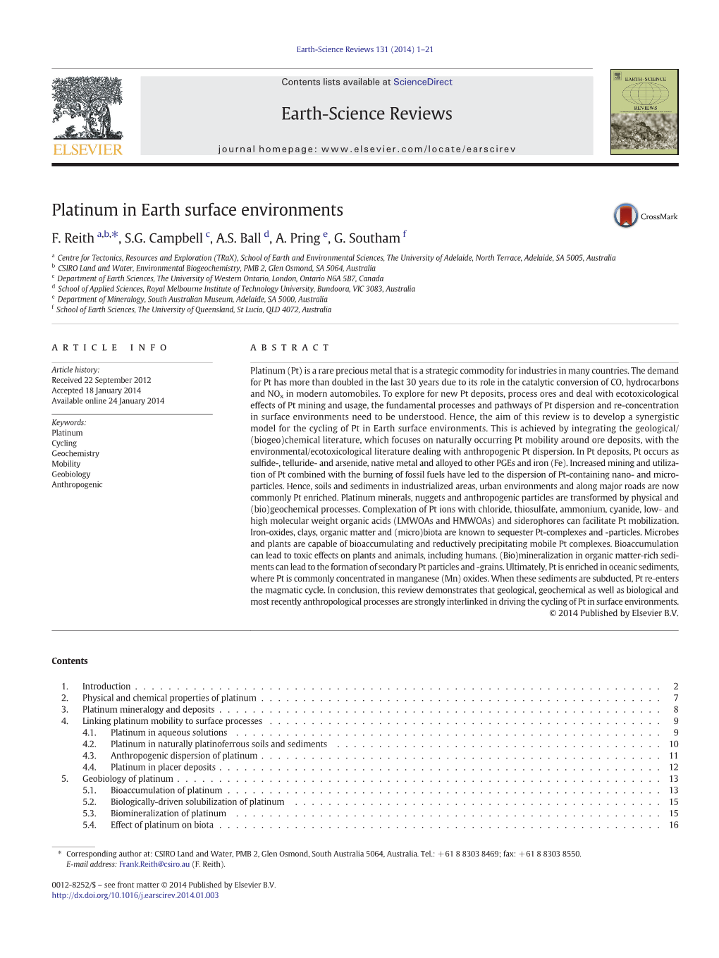 Platinum in Earth Surface Environments