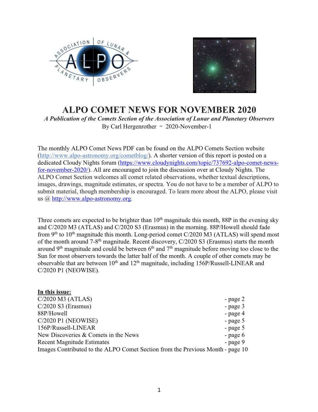 ALPO COMET NEWS for NOVEMBER 2020 a Publication of the Comets Section of the Association of Lunar and Planetary Observers by Carl Hergenrother - 2020-November-1