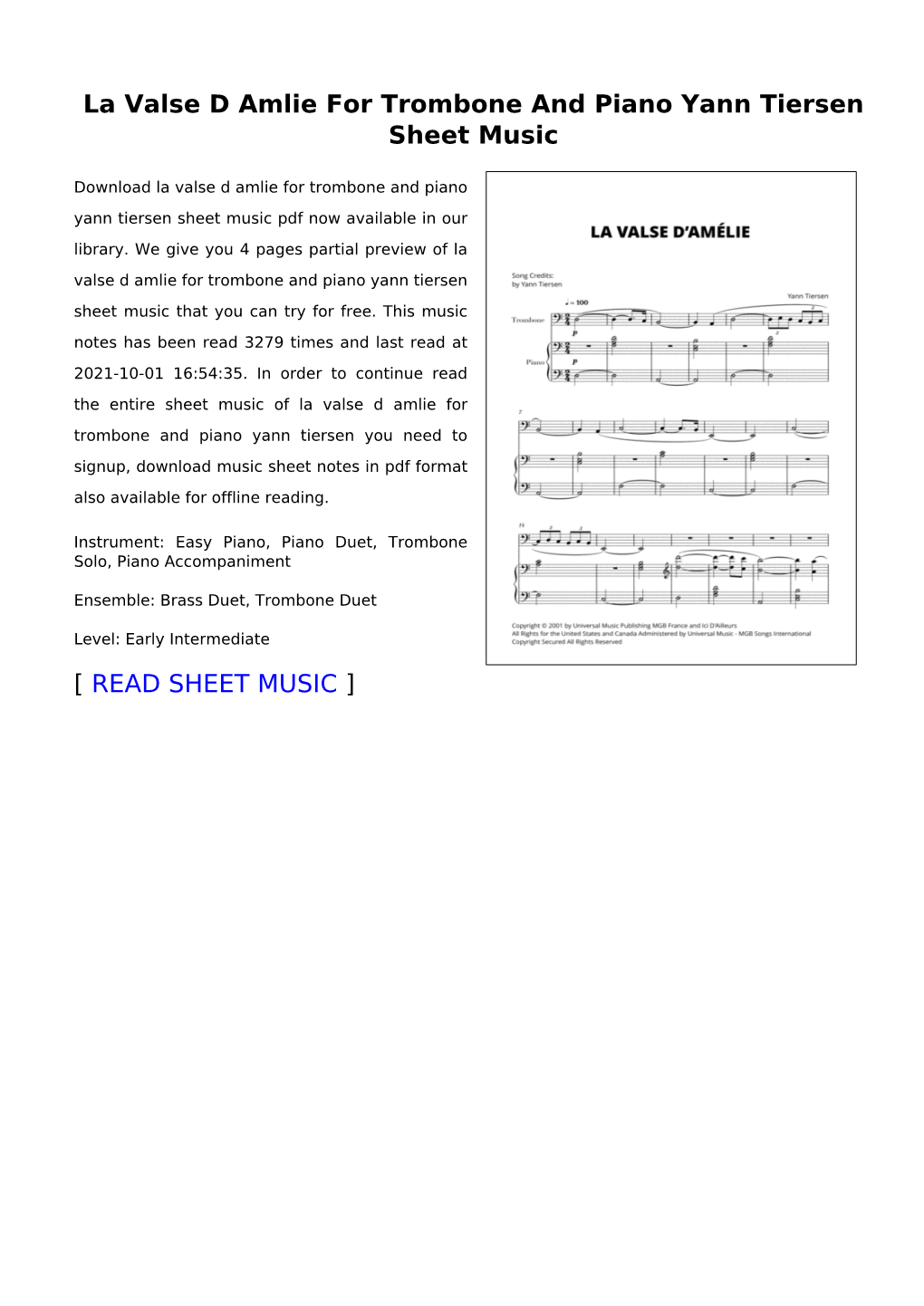 La Valse D Amlie for Trombone and Piano Yann Tiersen Sheet Music