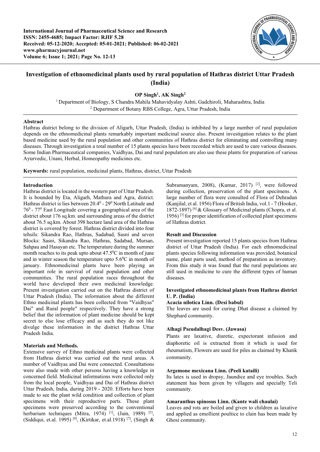 Investigation of Ethnomedicinal Plants Used by Rural Population of Hathras District Uttar Pradesh (India)