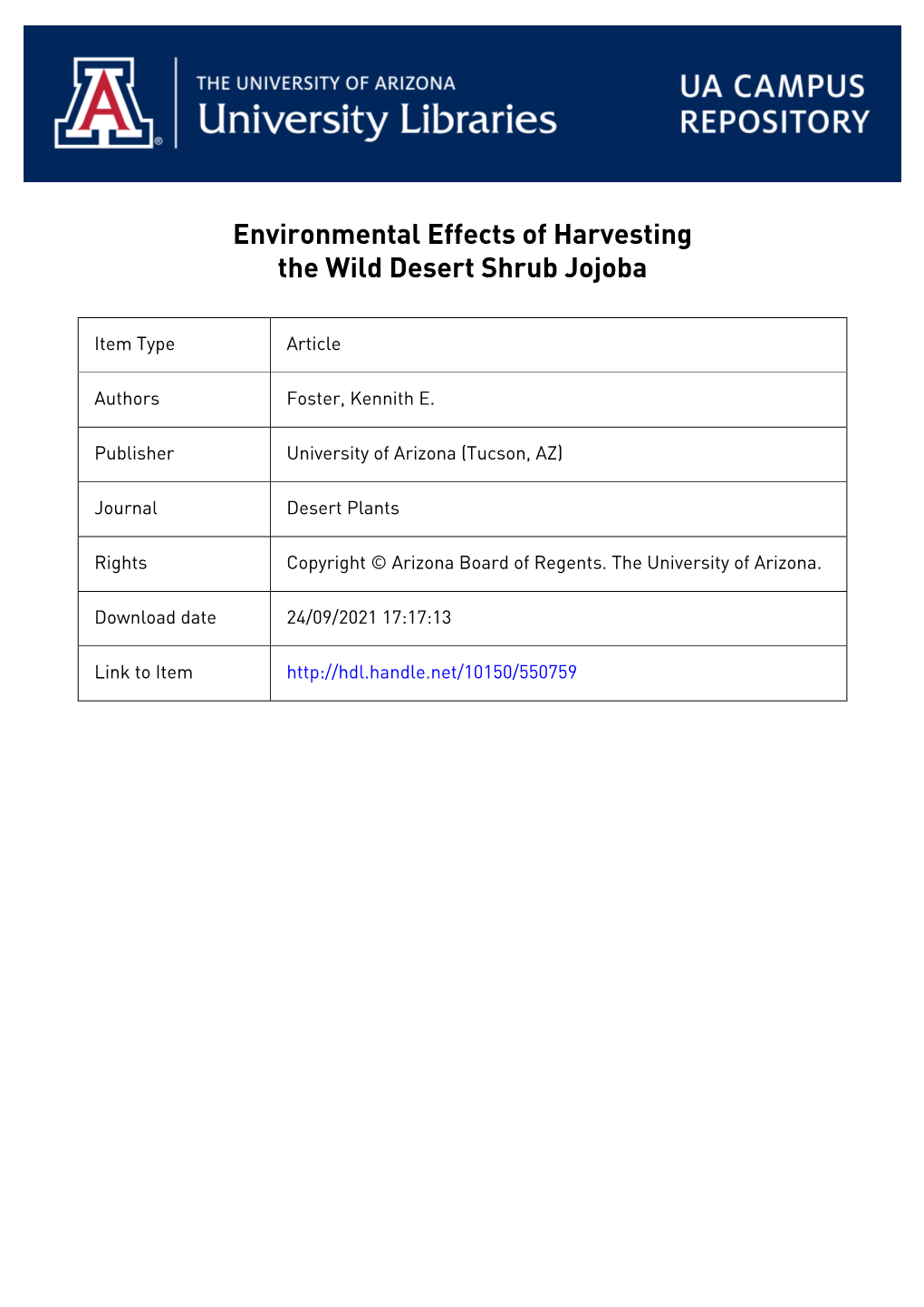 Environmental Effects of Harvesting the Wild Desert Shrub Jojoba