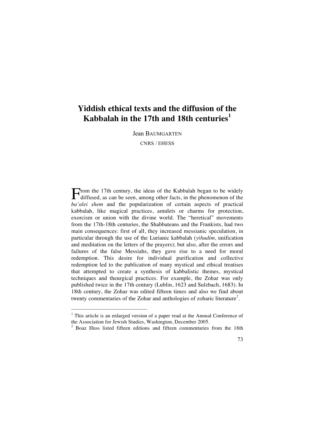 Yiddish Ethical Texts and the Diffusion of the Kabbalah in the 17Th and 18Th Centuries1