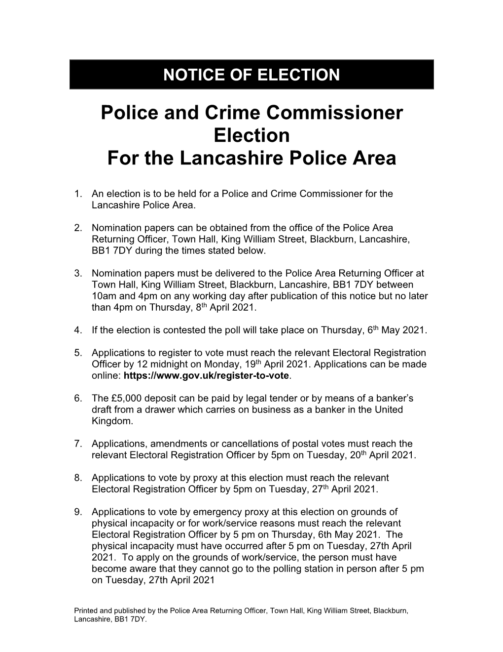 Police and Crime Commissioner Notice