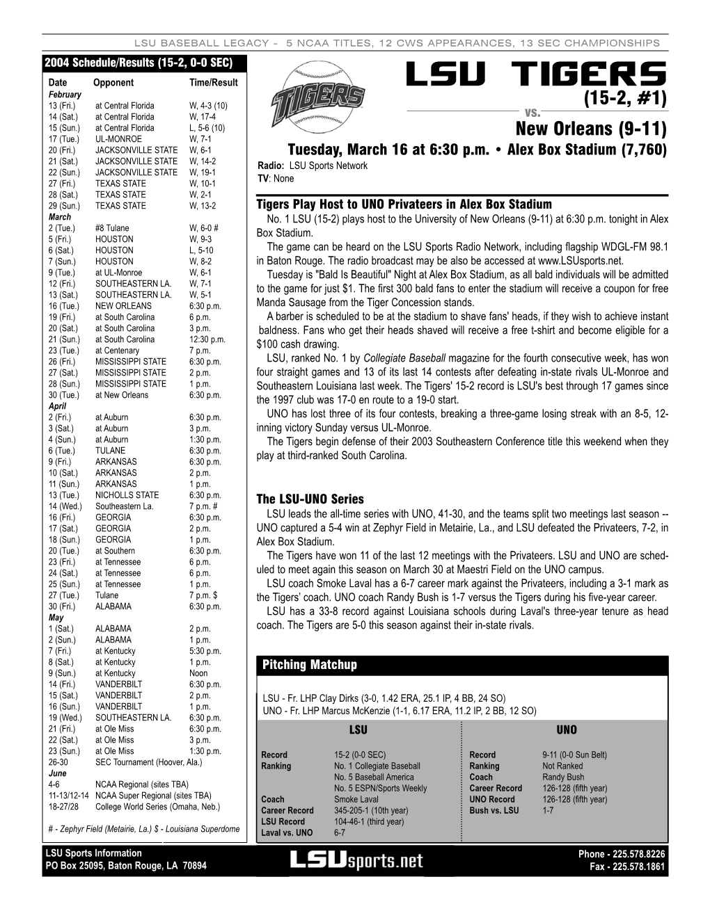 LSU Vs. UNO Game Notes 3.16.04.Qxd