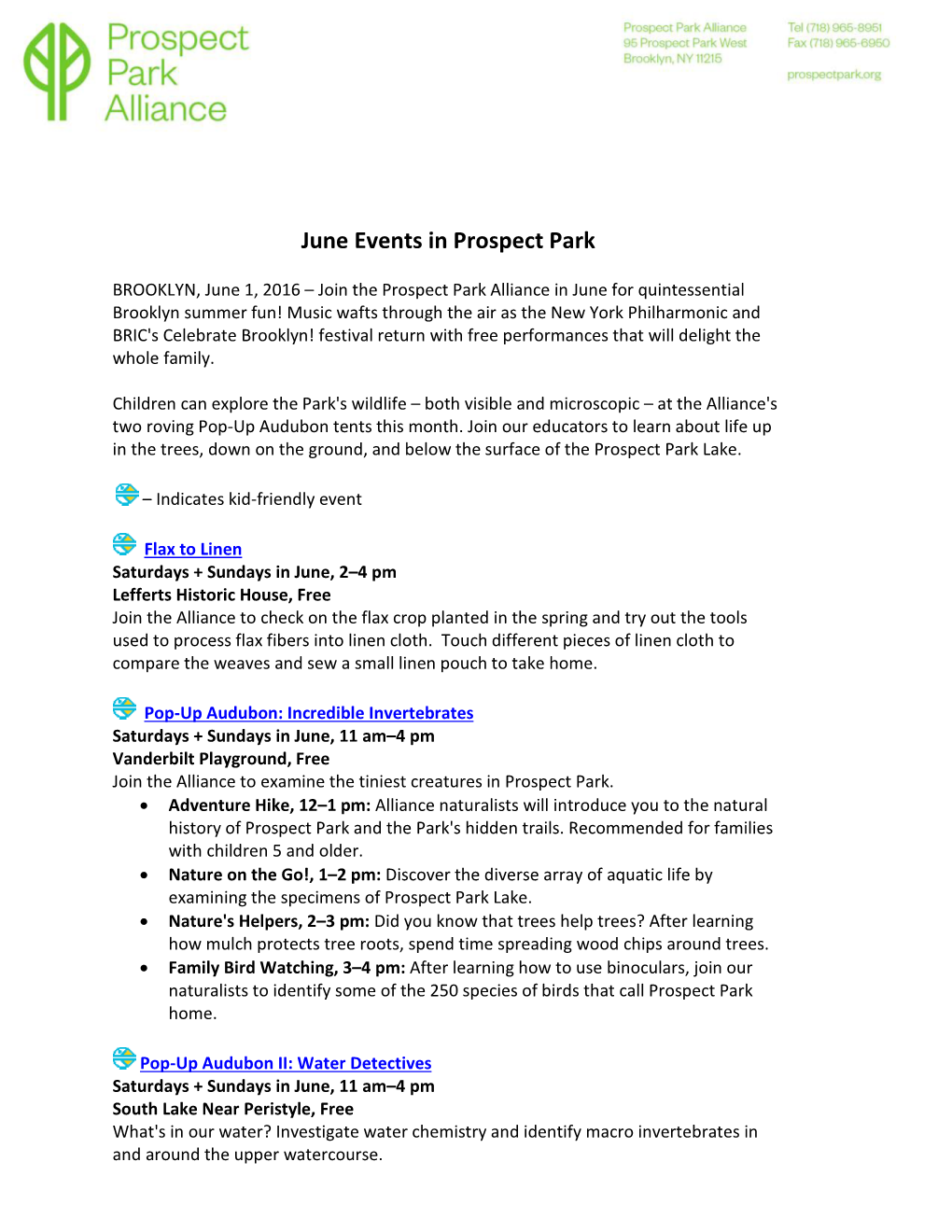 June Events in Prospect Park