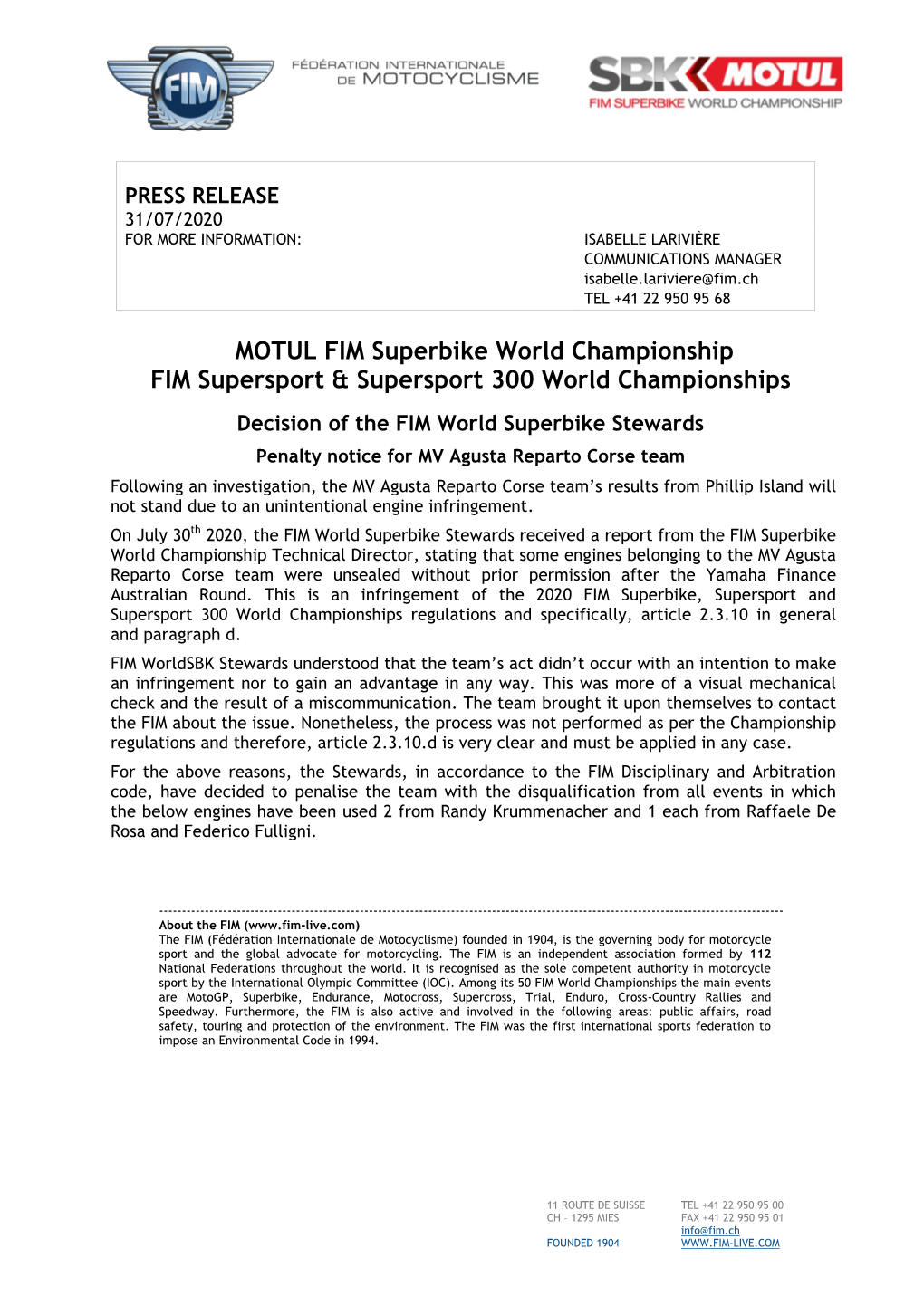 MOTUL FIM Superbike World Championship FIM Supersport & Supersport 300 World Championships