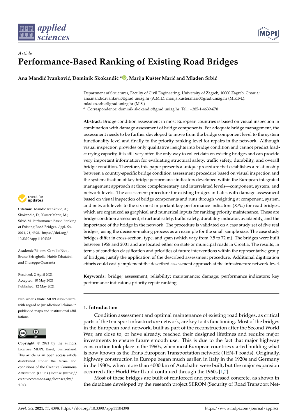 Performance-Based Ranking of Existing Road Bridges