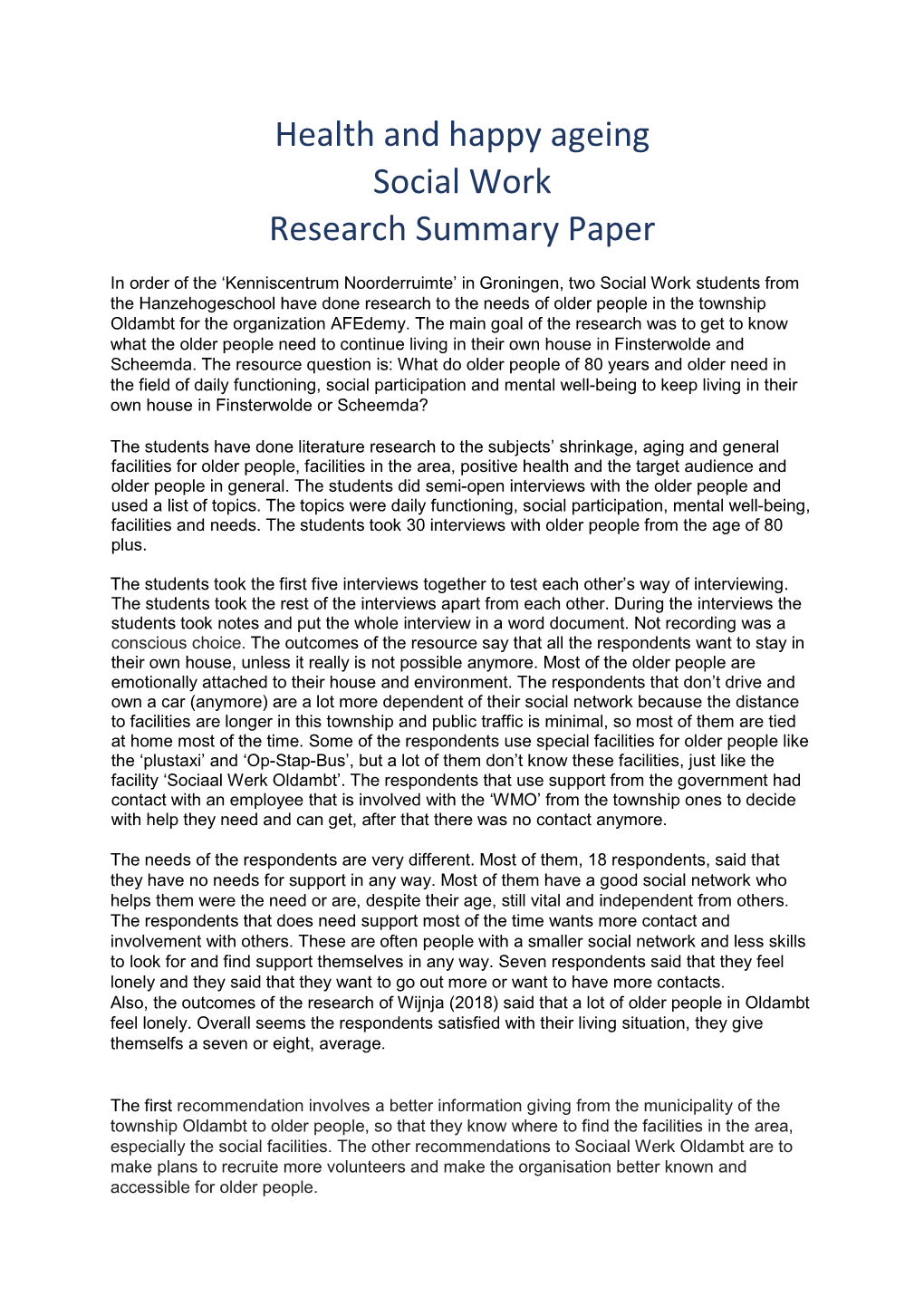 Social Work Research Summary Paper
