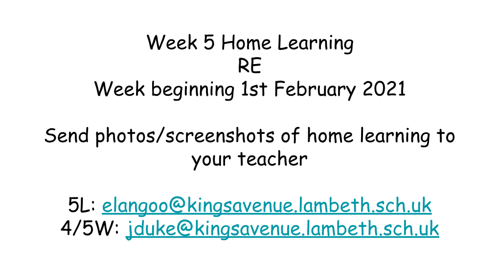Week 5 Home Learning RE Week Beginning 1St February 2021