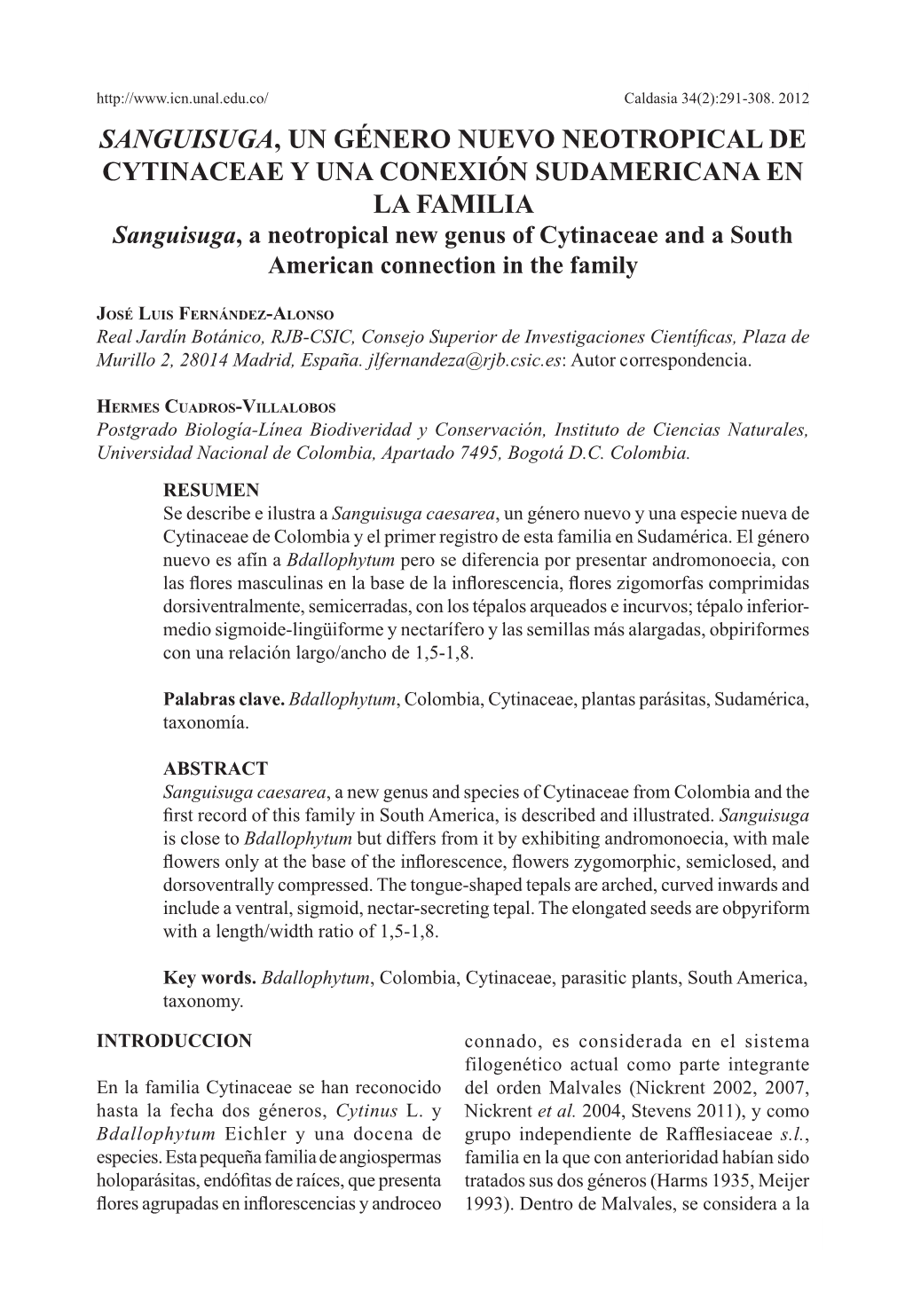 Sanguisuga, Un Género Nuevo Neotropical De Cytinaceae Y Una Conexión Sudamericana En La Familia