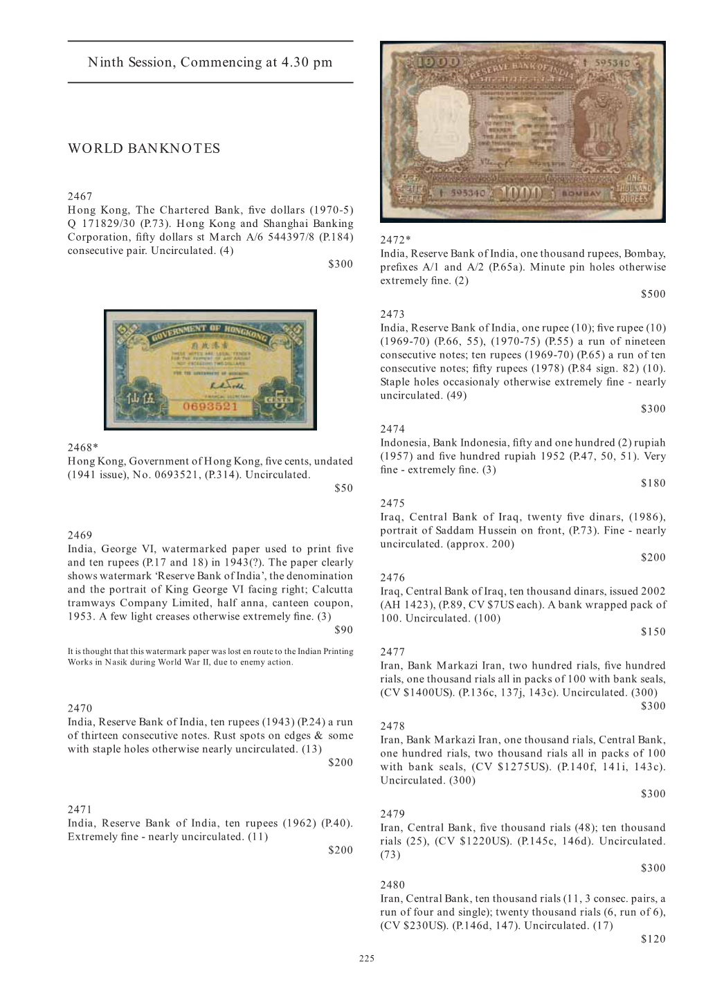 Ninth Session, Commencing at 4.30 Pm WORLD BANKNOTES