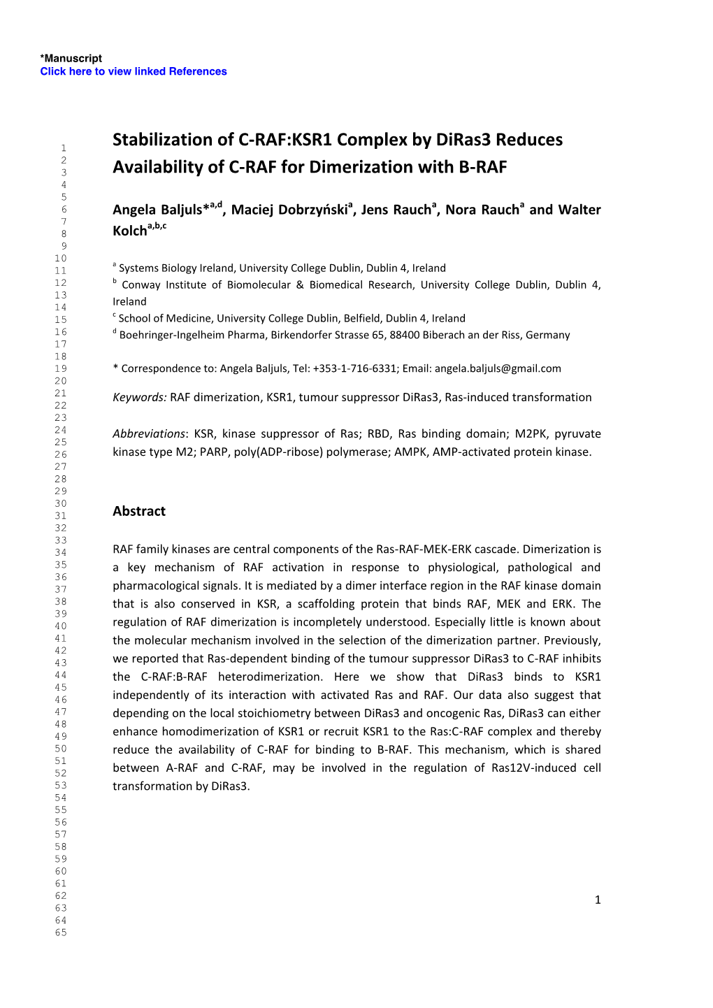 Stabilization of C-RAF:KSR1 Complex by Diras3 Reduces Availability Of