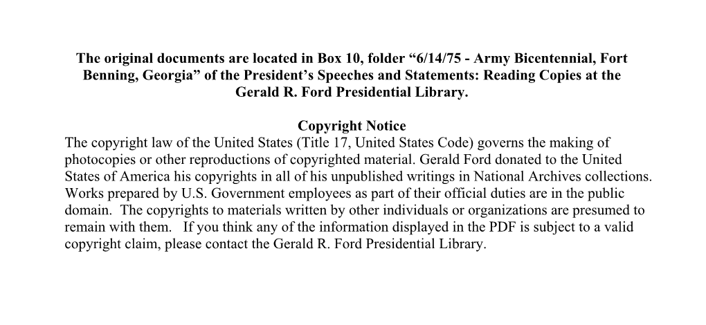 6/14/75 - Army Bicentennial, Fort Benning, Georgia” of the President’S Speeches and Statements: Reading Copies at the Gerald R