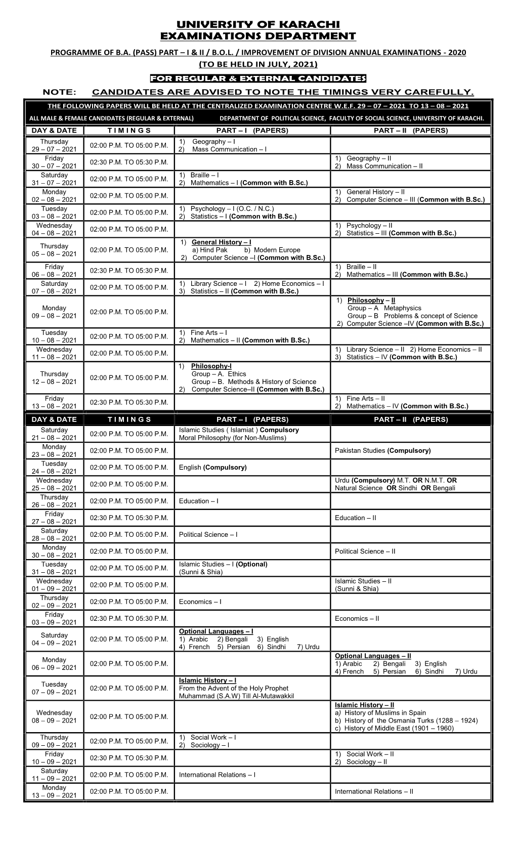 University of Karachi Examinations Department Programme of B.A