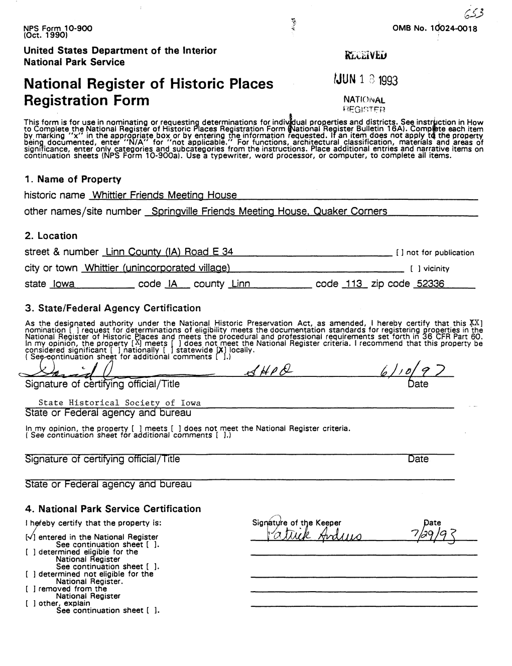 National Register of Historic Places ?JUN 1 81993 Registration Form NATIONAL 