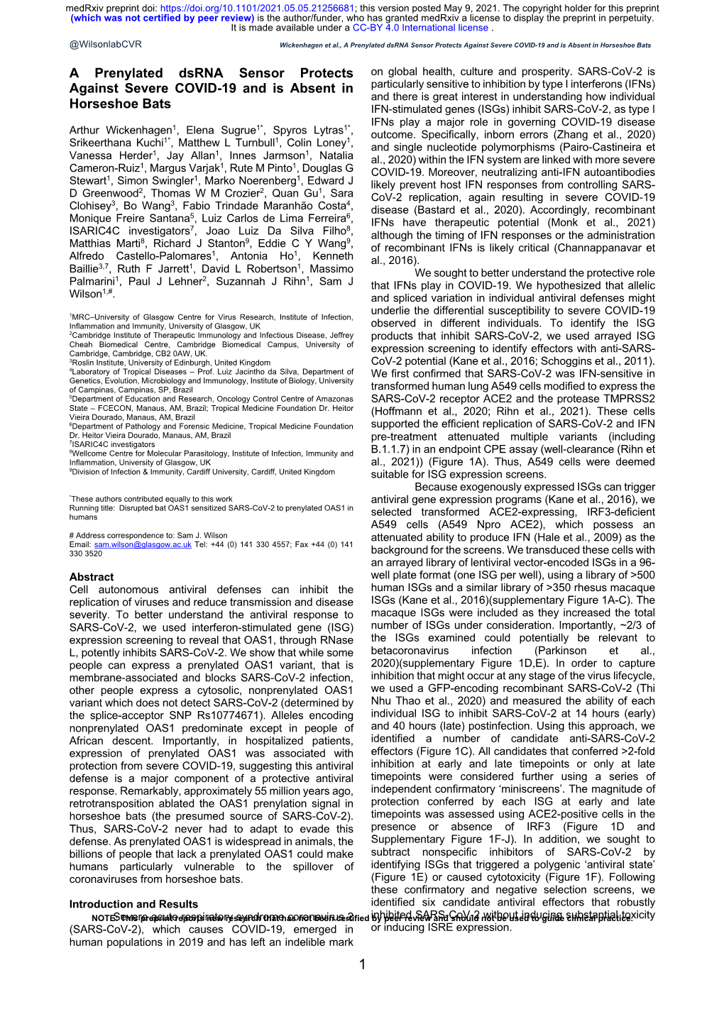 A Prenylated Dsrna Sensor Protects Against Severe COVID-19 and Is Absent in Horseshoe Bats