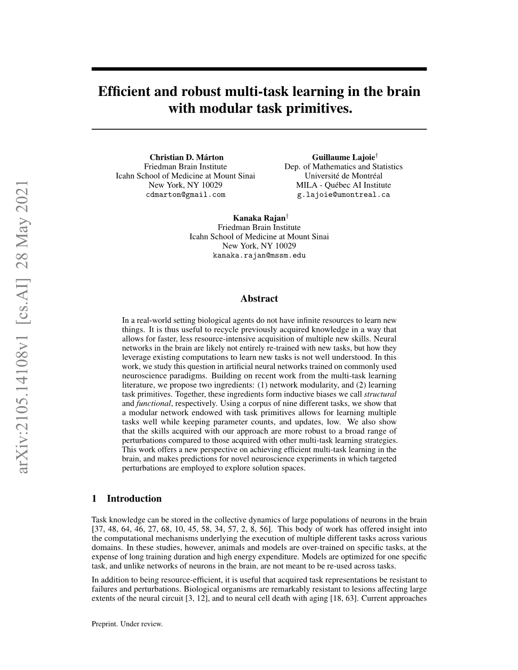 Efficient and Robust Multi-Task Learning in the Brain with Modular Task Primitives