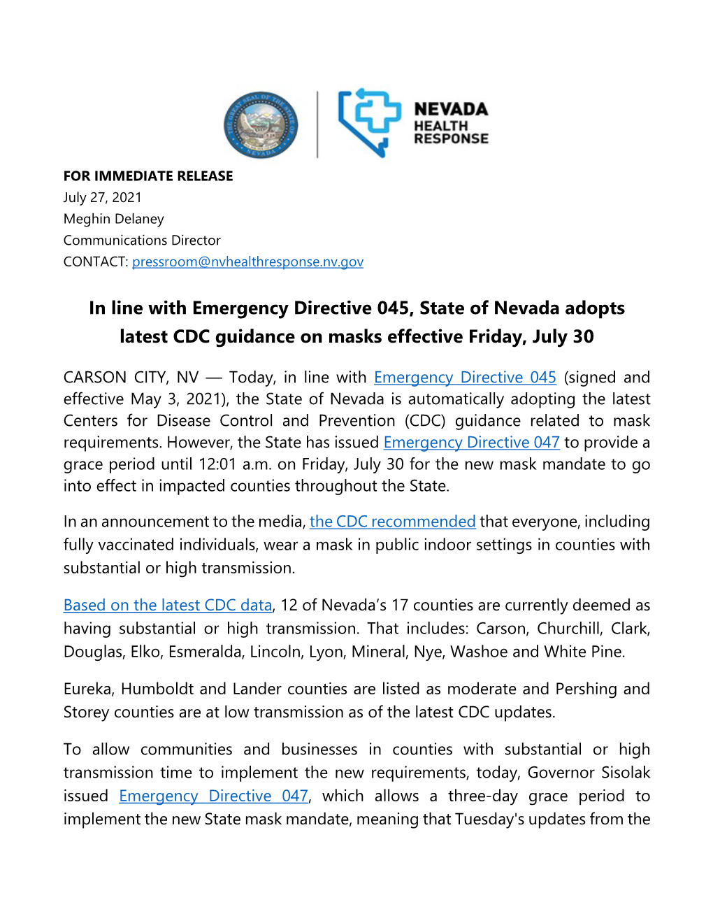 State of Nevada Adopts Latest CDC Guidance on Masks Effective Friday, July 30