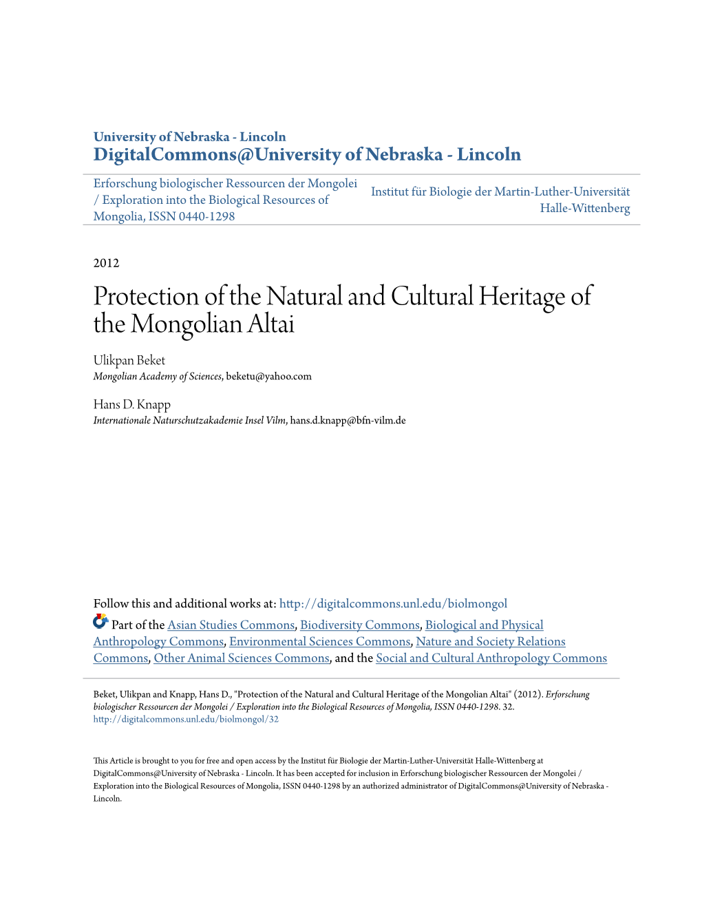 Protection of the Natural and Cultural Heritage of the Mongolian Altai Ulikpan Beket Mongolian Academy of Sciences, Beketu@Yahoo.Com