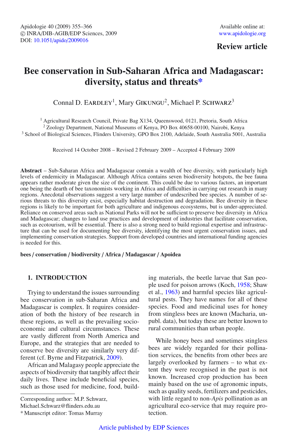 Bee Conservation in Sub-Saharan Africa and Madagascar: Diversity, Status and Threats*