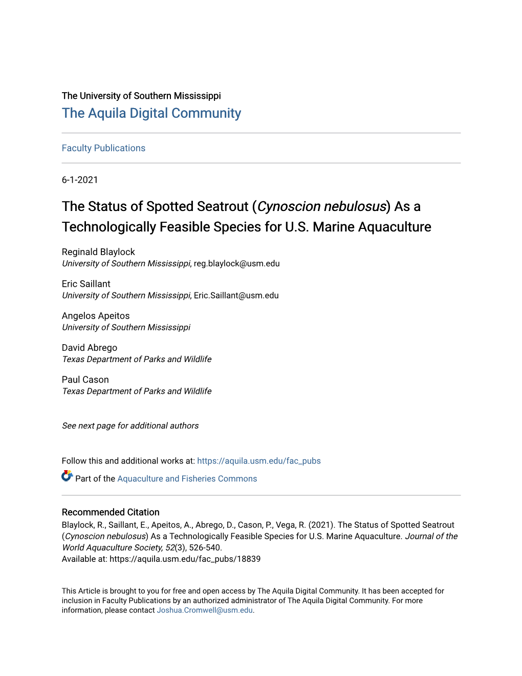 The Status of Spotted Seatrout (<I