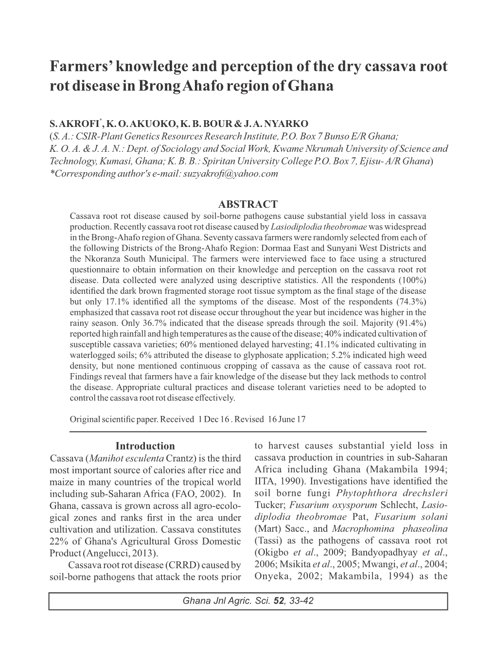 Farmers' Knowledge and Perception of the Dry Cassava Root Rot Disease In