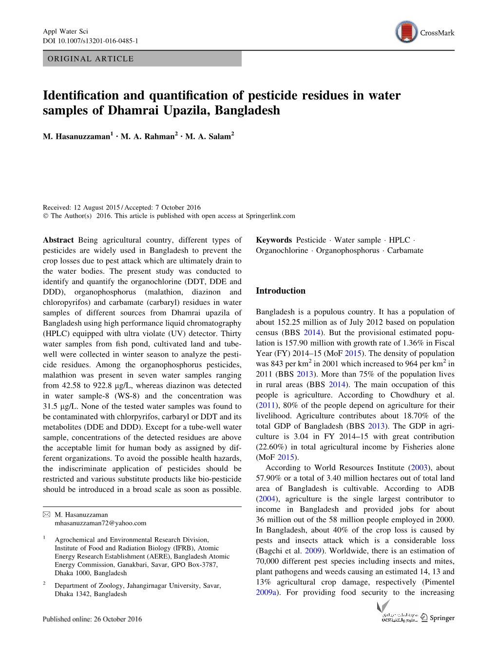 Identification and Quantification of Pesticide Residues in Water Samples