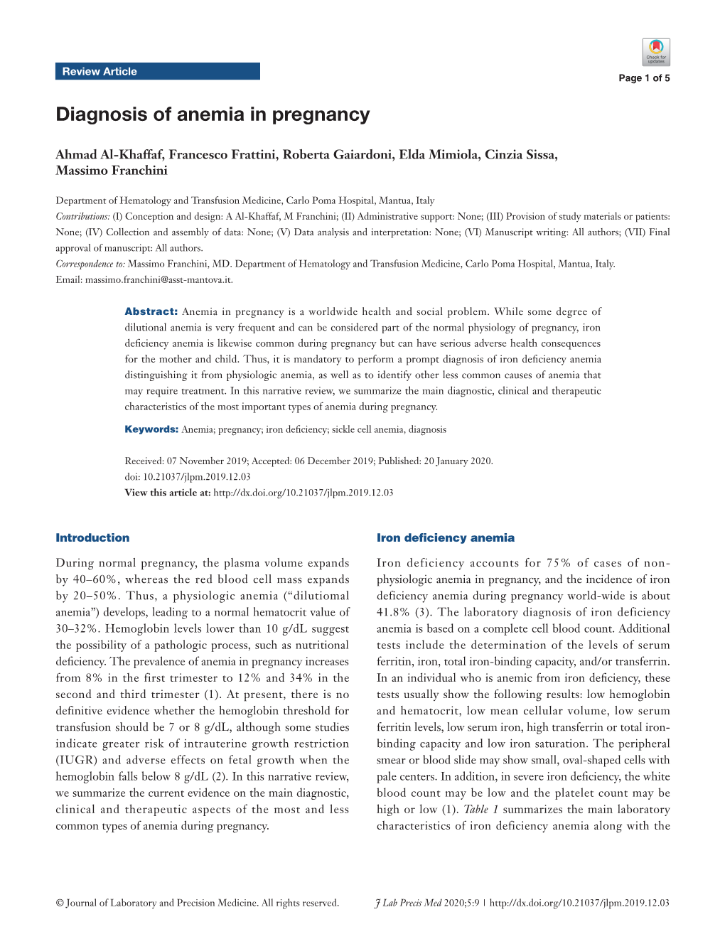 Diagnosis of Anemia in Pregnancy