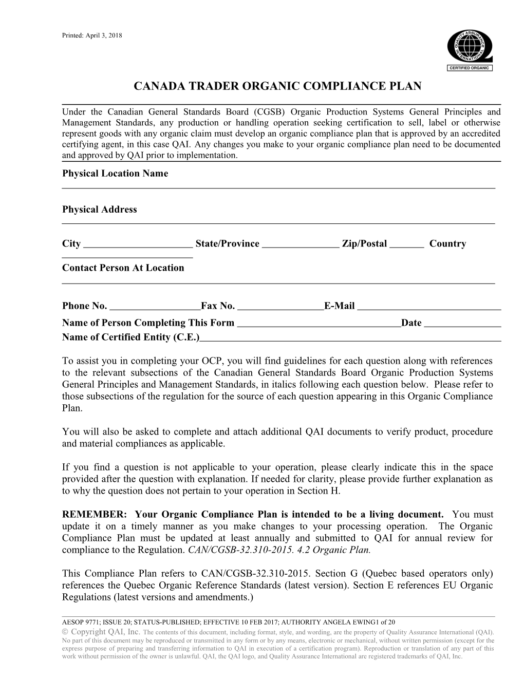 Processor Organic Compliance Plan (Ocp) s1