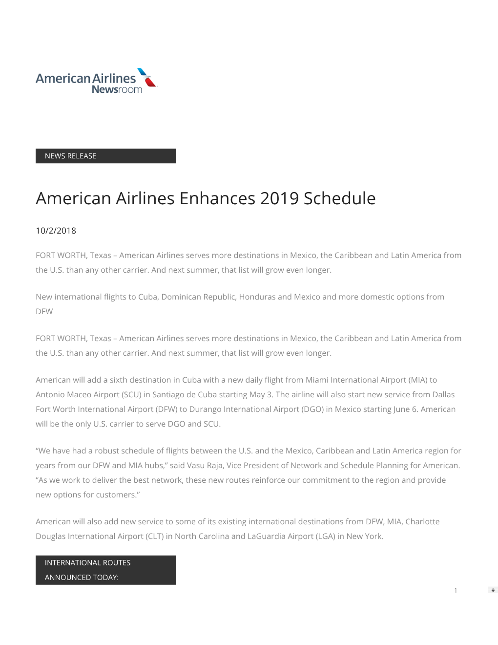 American Airlines Enhances 2019 Schedule