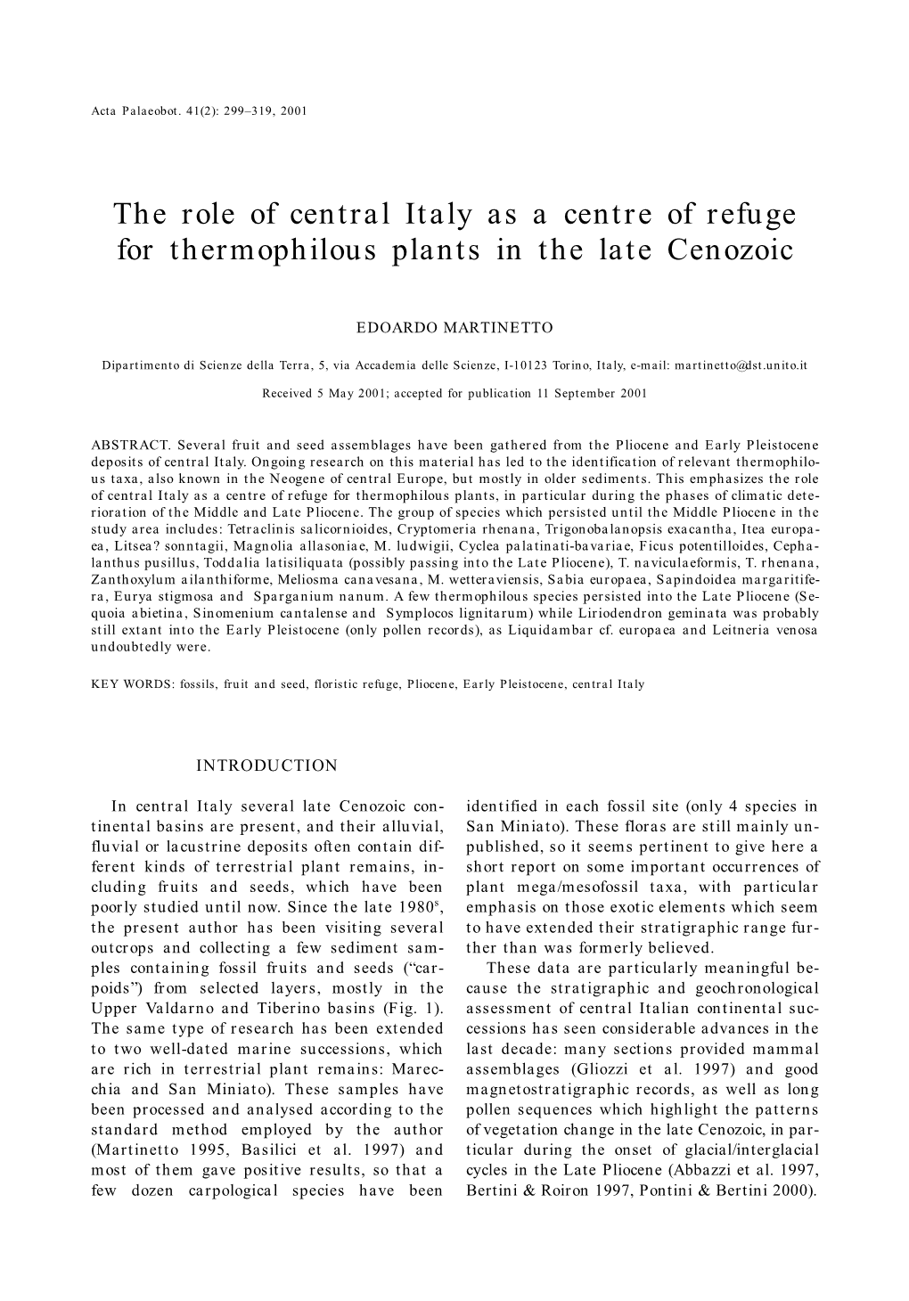 The Role of Central Italy As a Centre of Refuge for Thermophilous Plants in the Late Cenozoic