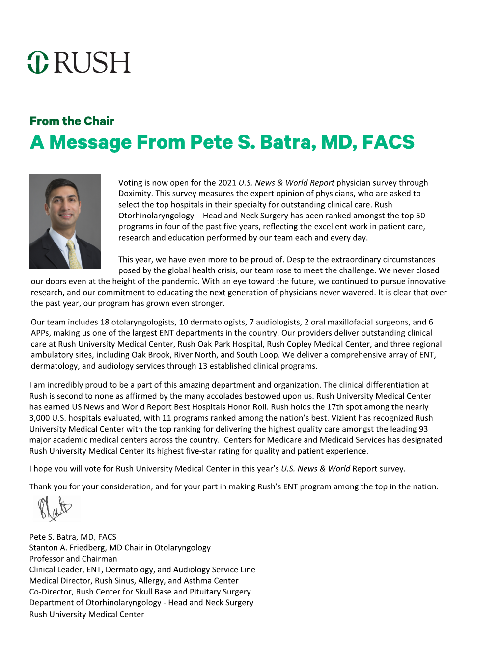 A Message from Pete S. Batra, MD, FACS