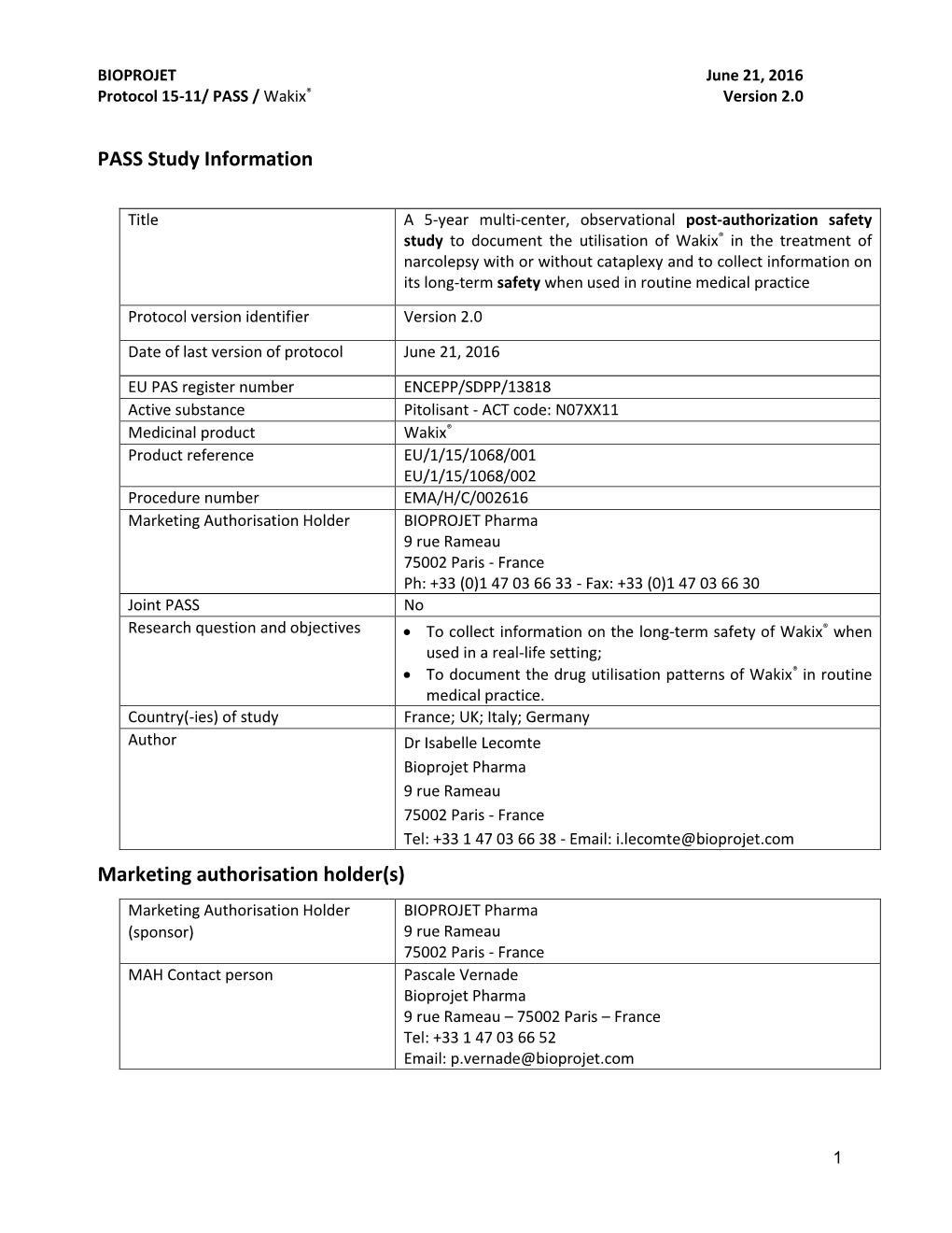 PASS Study Information Marketing Authorisation Holder(S)