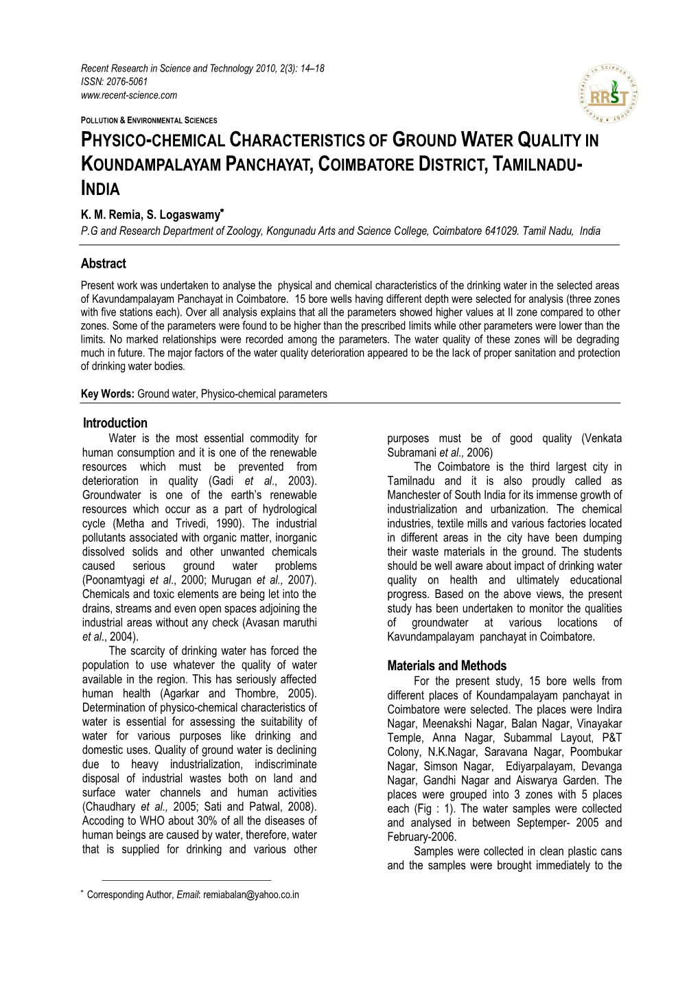 Physico-Chemical Characteristics of Ground Water Quality in Koundampalayam Panchayat, Coimbatore District, Tamilnadu- India K